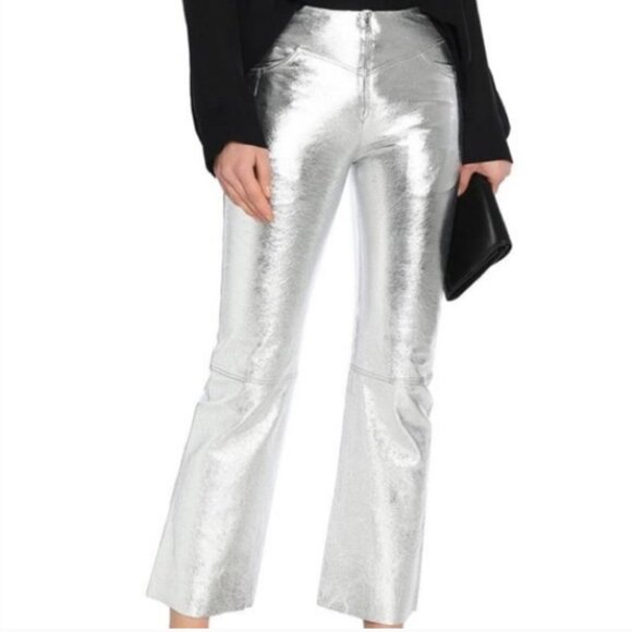 Sandro Leather Devon Silver Cropped Pants - Picture 1 of 11